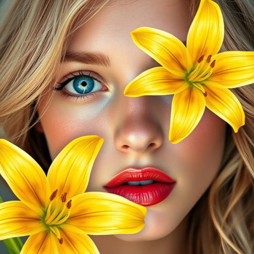 hyper realistic photo portraying a close-up of a pretty girl's face with a abstract floral motif. Her eyes are a striking blue, with visible eyelashes and reflective highlights. The girl's skin is flawless, and her lips are pink. Her, blonde hair is loosely wavy, blending with the  background. Two yellow lilies, detailed with strokes indicating individual petals and stamens, overlay the image.