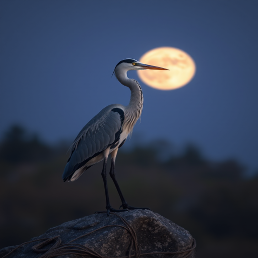 heron standing on a rock with a full moon in the background, photo realistic style, taken with a Canon EOS R5, 85mm lens, aperture f/1.8, ISO 200, shutter speed 1/250s, soft focus on the moon, vibrant colors, high dynamic range