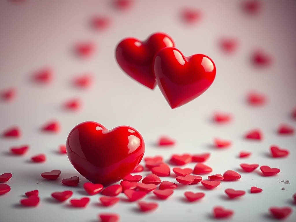 Create an image of two large, glossy red hearts centered with smaller red hearts scattered around, using a Canon EOS R5 camera, 50mm lens, f/2.8 aperture, ISO 100, in a soft focus style, with a bright and vivid color palette.