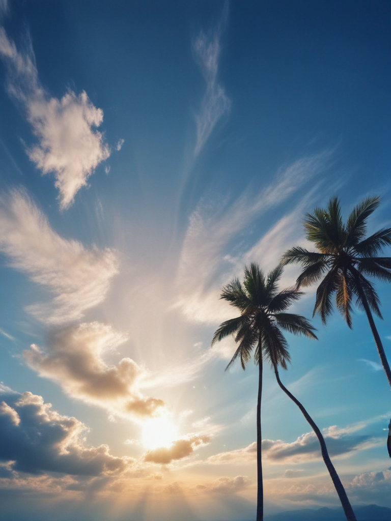 Serene Sunset Over the Ocean with Majestic Palm Trees Silhouetted