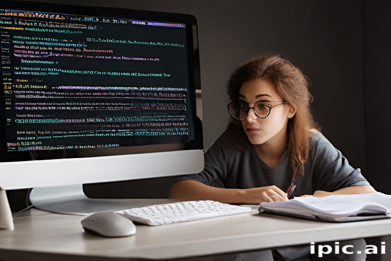 Focused Student Analyzing Code on Computer Screen in Modern Workspace.