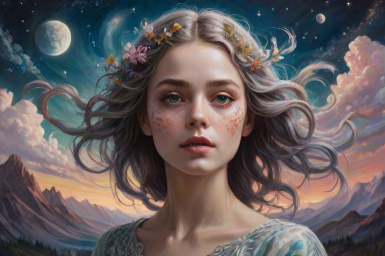 Create a series of imaginative portraits where each subject is infused with elements of fantasy and nature. The hair of the individuals should flow like clouds, varying from soft, fluffy cumulus to wispy cirrus strands, with hints of color reflecting a sunset or a clear blue sky. The eyes should be windows to entire galaxies, with stars, nebulae, and distant planets visible within them. Clothing should be adorned with nature motifs, such as floral patterns that bloom and change, vines that seem to grow and wrap around, or feathers that shimmer with iridescence. Each portrait should capture a unique personality, blending human features with the ethereal beauty of the natural and cosmic world. The backgrounds can vary, from starry night skies to enchanted forests, adding depth and context to the magical realism of the portraits