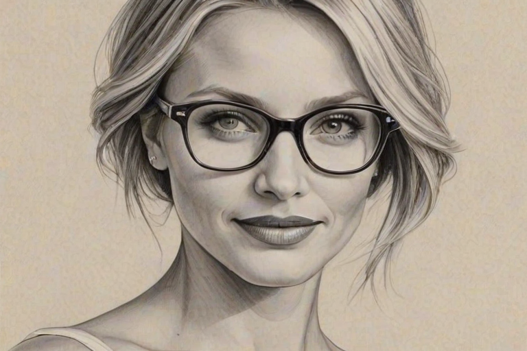 Enticing Cameron Diaz, pencil sketch, portrait of Elegant woman 1954s in glasses, hair style beatnik, outline, clear lines, fine lines, 8k