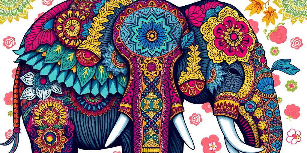 Create a vibrant and intricate illustration of an elephant adorned with intricate patterns and colors, using a high-resolution camera with a focal length of 50mm, aperture set at f/4, ISO 100, natural daylight, and a shallow depth of field for enhanced detail and clarity.