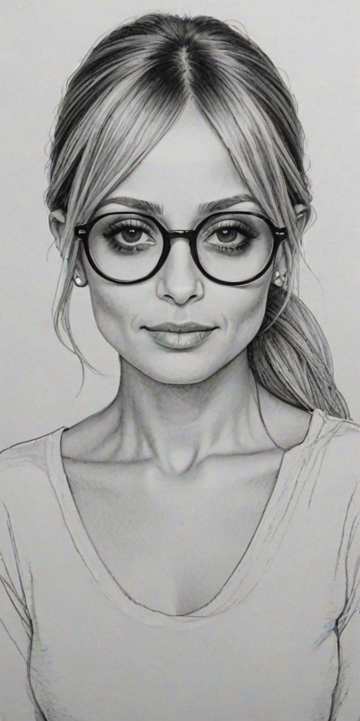 Bewitching Nicole Richie, pencil sketch, portrait of Delightful woman 1968s in glasses, hair style beatnik, outline, clear lines, fine lines, 8k