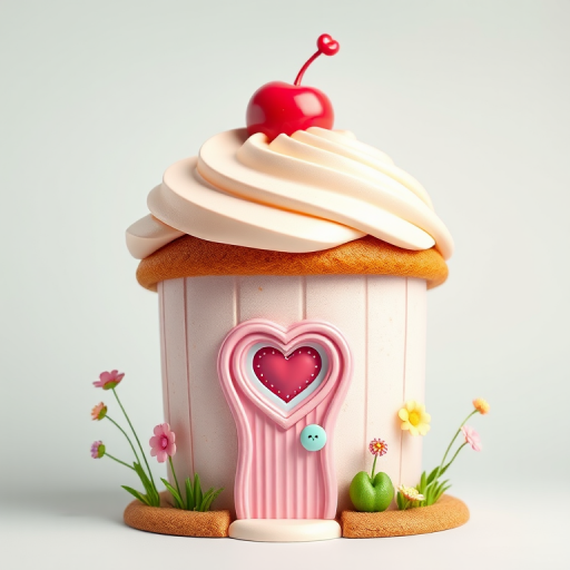 Create an illustration of a whimsical cupcake house with a cherry on top, featuring pastel colors and a heart-shaped window, vibrant and detailed, shot with a DSLR camera at f/2.8, ISO 100, 50mm lens, high dynamic range, eye-level perspective, and bright studio lighting.