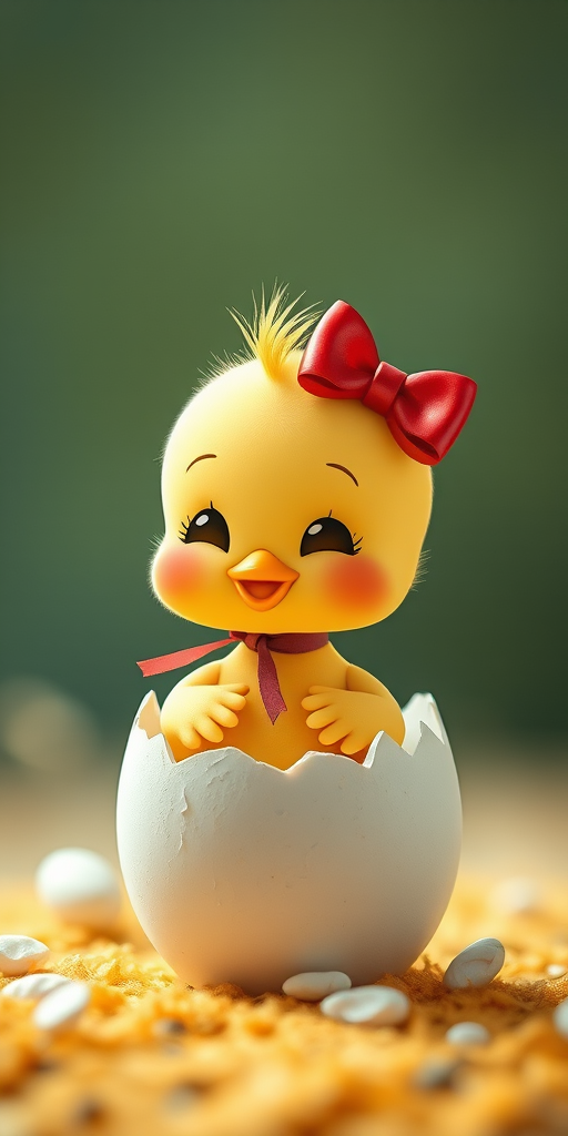 Regenerate an image of a cartoon baby chick emerging from a cracked egg with a red bow, using a DSLR camera, 50mm lens, f/2.8 aperture, ISO 100, and soft focus background for enhanced image quality.