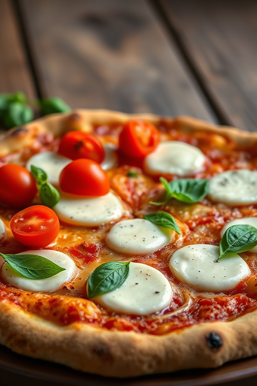 Create an image of a gourmet pizza topped with fresh mozzarella, cherry tomatoes, and basil, captured with a Canon EOS R5, 50mm lens, f/1.8 aperture, ISO 200, in natural light, with a shallow depth of field to enhance the details and a rustic wooden background.