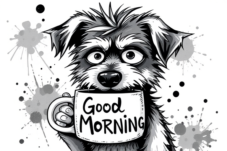 A quirky, artistic illustration of a disheveled bossie dog breed with exaggerated, large eyes and spiky fur, holding a coffee mug that reads "Good Morning". The dog has a tired but humorous expression, with ink splatters and abstract details surrounding it, giving a whimsical feel to the image. The color palette is mostly monochrome with hints of black in the eyes and steam rising from the mug, enhancing the overall sleepy vibe
