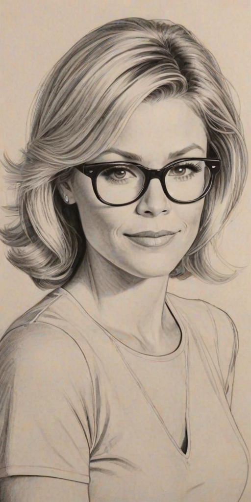 Magnificent Julie Bowen, pencil sketch, portrait of Beauteous woman 1948s in glasses, hair style beatnik, outline, clear lines, fine lines, 8k