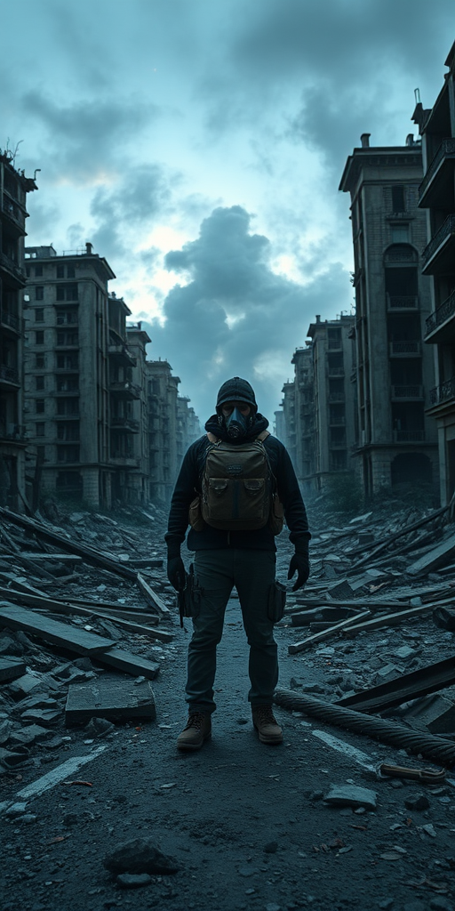 A lone figure in a gas mask and backpack stands amidst the ruins of a devastated city, with crumbling buildings and a smoky sky; captured with a DSLR camera, 24mm lens, f/4 aperture, ISO 100, natural lighting, at dusk, with a wide-angle perspective to enhance the desolation and depth.