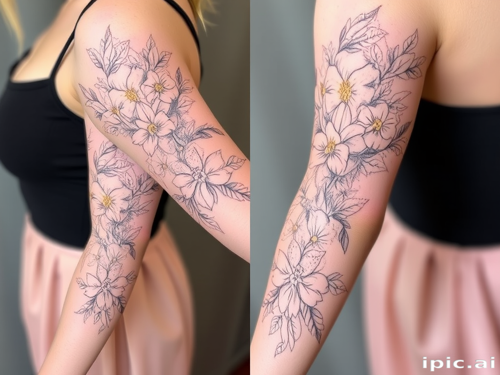 Delicate floral sleeve tattoo named "Blooming Reverie" featuring a cascade of botanically accurate flowers and leaves. Soft, muted colors in pastel shades create a dreamy, romantic atmosphere. Fine lines and subtle shading bring the delicate petals and foliage to life, wrapping gracefully around the arm in a continuous garden of beauty.