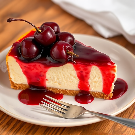 A delicious slice of cheesecake with a creamy filling and a graham cracker crust topped with shiny cherries and a glossy cherry sauce on a plate with a fork beside it, set on a wooden table with a white napkin.
