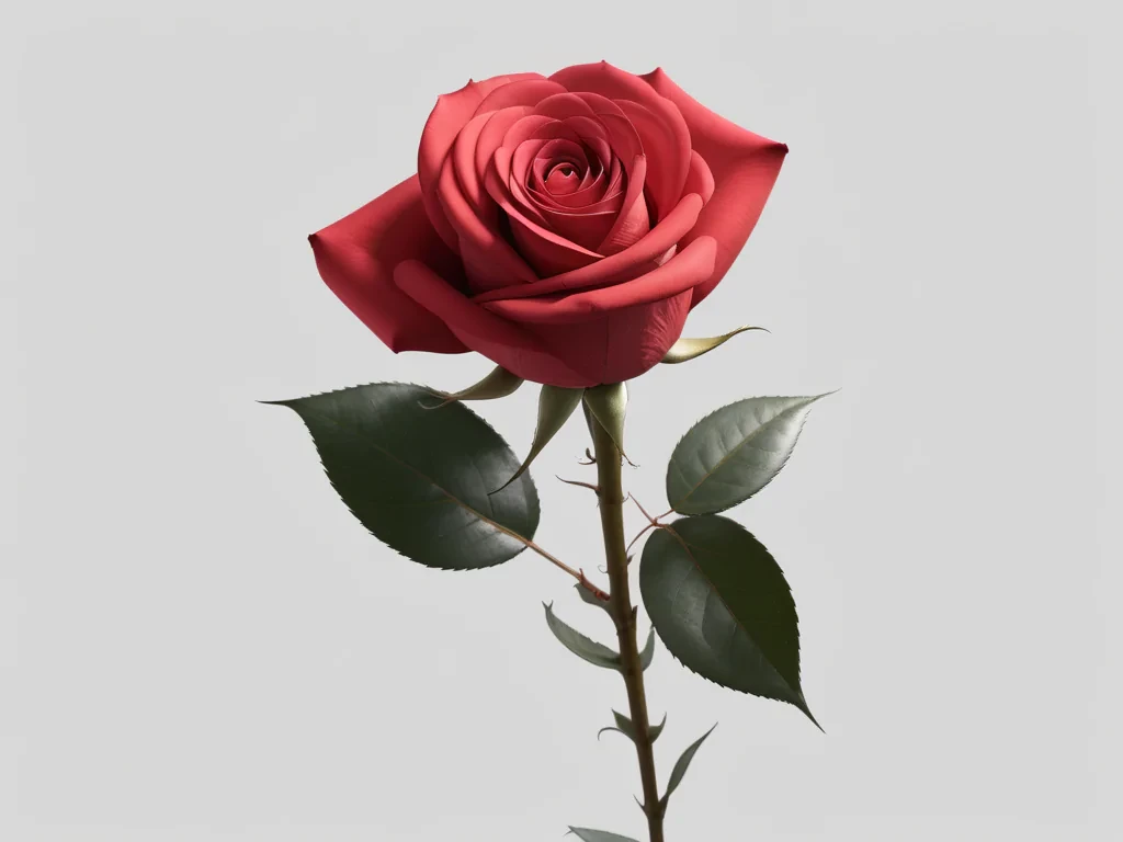 Beautifully Rendered Red Rose with Lush Green Leaves Against a Simple ...