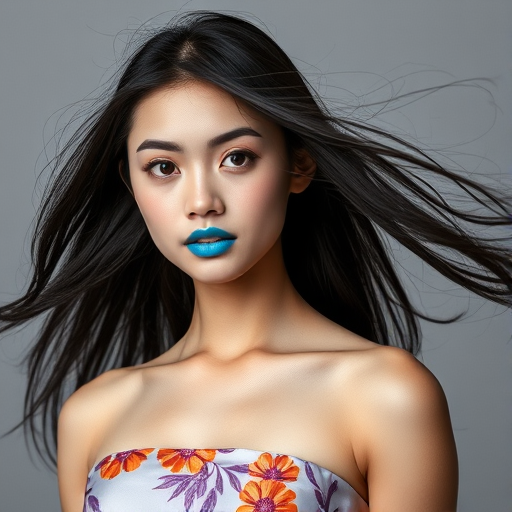 Photographic image of a beautiful young Ryukyuan woman, brown eyes, lips with cyan lipstick, long hair fluttering in the wind and wearing a silk strapless dress with a soft purple and orange print. monochrome image with only color highlights in the iris of the eyes, lipstick and dress. Gray background.