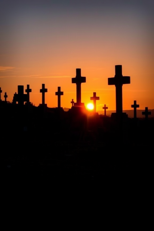 Create a high-contrast silhouette of gravestones and crosses on a hill at sunset, using a DSLR camera with a 50mm lens, aperture set to f/1.8, ISO 100, and a shallow depth of field to enhance the dramatic effect, shot from a low angle to emphasize the gravestones against the sky.