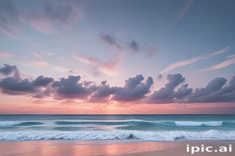 Serene Sunset Over the Tranquil Ocean with Soft Waves and Clouds