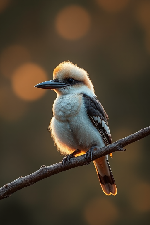 A kookaburra perched on a branch, soft focus background, golden hour lighting, DSLR camera, 85mm lens, aperture f/2.8, ISO 100, shutter speed 1/200s, natural setting.
