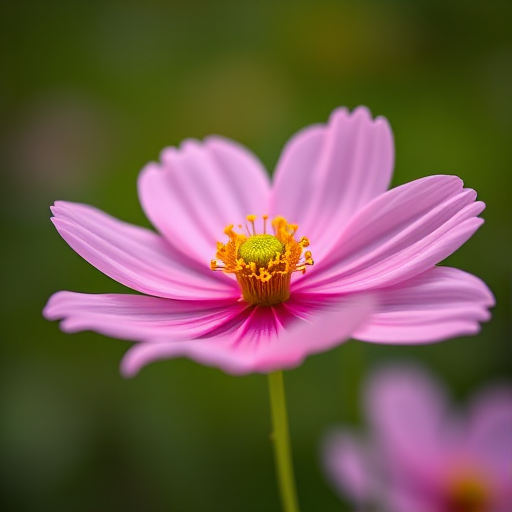 Capture a close-up shot of a pink cosmos flower with a blurred green background, using a DSLR camera with a 50mm f/1.8 lens, aperture set to f/2.8, ISO 100, shutter speed 1/200s, and a soft focus effect.