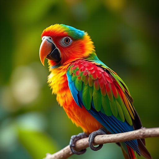 Regenerate a vibrant illustration of a colorful parrot perched on a branch, using a high-resolution camera with an aperture of f/4, shutter speed of 1/250s, ISO 100, shot in macro view, in natural lighting, captured with a DSLR camera.