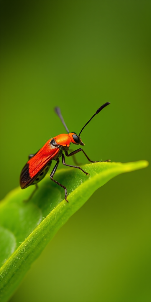 macro shot of a brightly colored insect on a green leaf with a blurred background, aperture f/2.8, shutter speed 1/200s, ISO 100, 50mm lens, natural light, DSLR camera