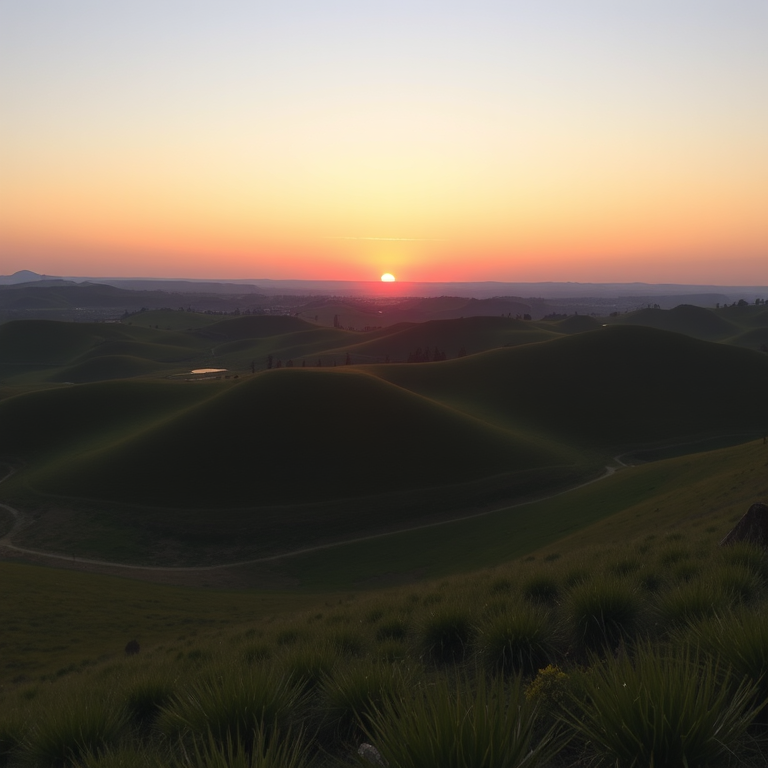 Create a high-resolution image of a serene landscape with rolling hills and a vibrant sunset, using a Canon EOS R5 camera with a 24-70mm lens, aperture set to f/8, ISO 100, and a shutter speed of 1/250 seconds, captured at a 45-degree angle to emphasize depth and perspective.