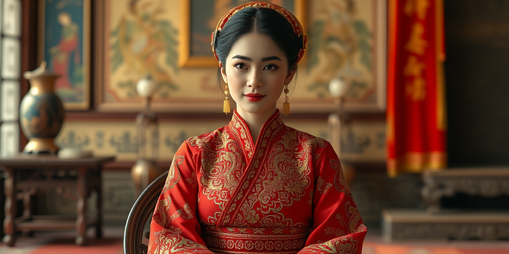 A beautiful Armenian woman in traditional East Asian attire, intricately detailed with embroidered patterns, sitting gracefully in a richly decorated room, soft ambient lighting, serene and elegant, ultra-realistic, 8K resolution
