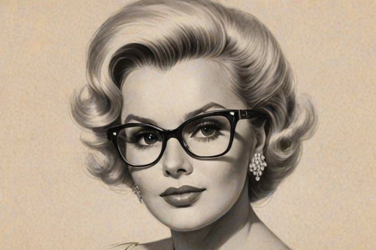 Attractive Zsa Zsa Gabor, pencil sketch, portrait of Lovely woman 1950s in glasses, hair style beatnik, outline, clear lines, fine lines, 8k