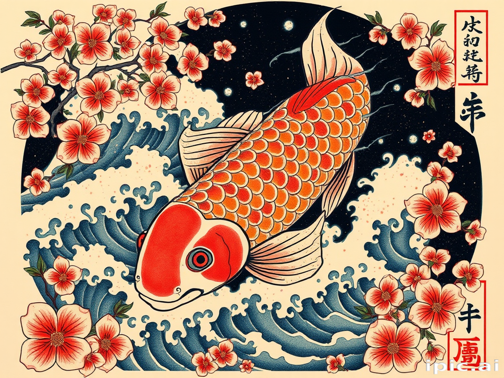 Traditional Japanese irezumi tattoo called "Koi's Journey" showcasing a large, colorful koi fish swimming through turbulent waves and cherry blossoms, with intricate background details and symbolic elements woven throughout the composition