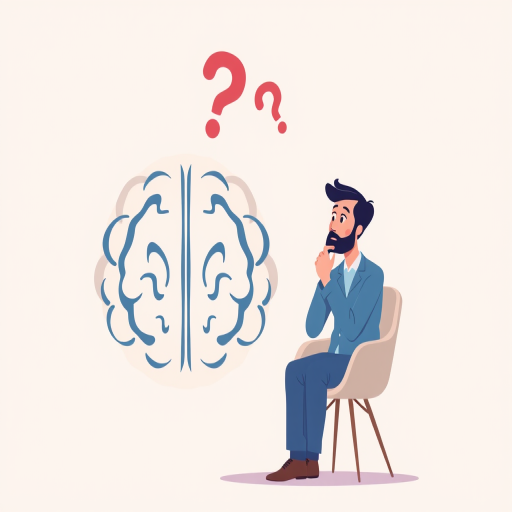 Create an illustration of a thoughtful man sitting on a chair next to a large stylized brain graphic, with a question mark above his head, in a minimalistic and modern style, using a soft pastel color palette, taken with a DSLR camera, aperture f/2.8, ISO 100, 50mm lens, natural lighting, and a slight vignette effect to enhance focus on the subject.