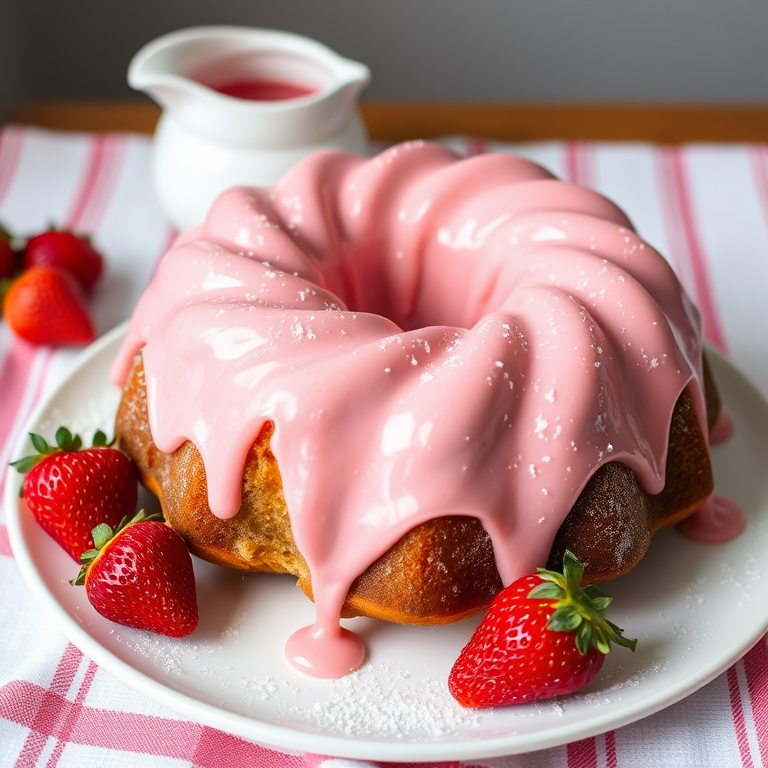 A delicious pink frosted bundt cake on a white plate with powdered sugar and a strawberry on the side, with a small pitcher of pink glaze in the background on a striped cloth.