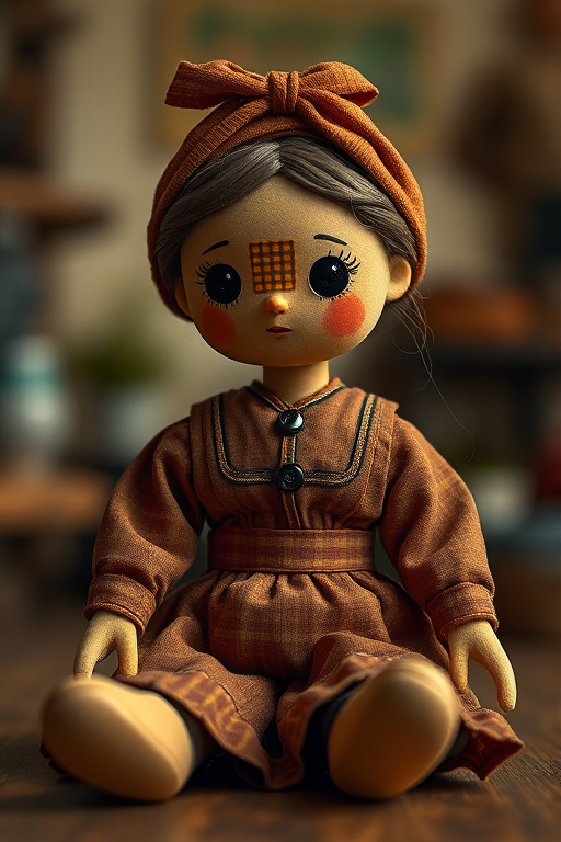 Regenerate a stylized image of a sitting doll with a square patterned face, dressed in a vintage brown outfit, in a well-lit indoor environment focusing on warm colors, using a DSLR camera with a 50mm lens, ISO 200, aperture f/1.8, and a slight bokeh effect in the background.
