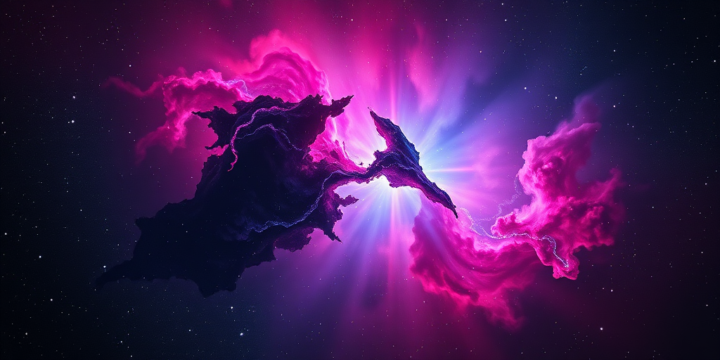 Create a cosmic nebula scene with vibrant pink, blue, and black colors, incorporating a starry background, shot with a Canon EOS R5, aperture f/2.8, ISO 100, 24mm lens, in a landscape orientation and HDR style for enhanced detail and depth.