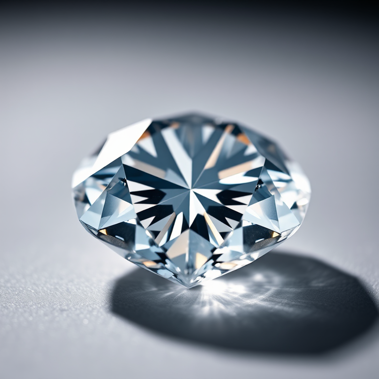 high-resolution image of a sparkling diamond with light reflections, macro lens, f/2.8 aperture, ISO 100, 100mm focal length, soft focus background, studio lighting setup, clear and detailed texture