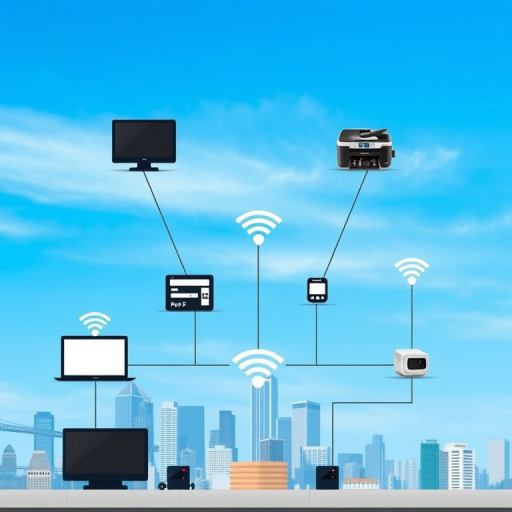 Create an infographic depicting a modern city skyline with a clear blue sky background, showcasing multiple devices like a TV, printer, computer, and meters connected by Wi-Fi signals, use a Canon EOS R camera, 24mm lens, f/8 aperture, ISO 100, and a high dynamic range imaging style.