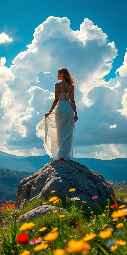 Create a vibrant and ethereal landscape painting featuring a woman in a flowing white dress standing on a rocky outcrop amidst wildflowers, with a dramatic sky filled with fluffy clouds and sunlight breaking through, captured with a Canon EOS R5 at f/8, ISO 100, 1/250s, using a wide-angle lens at 24mm.