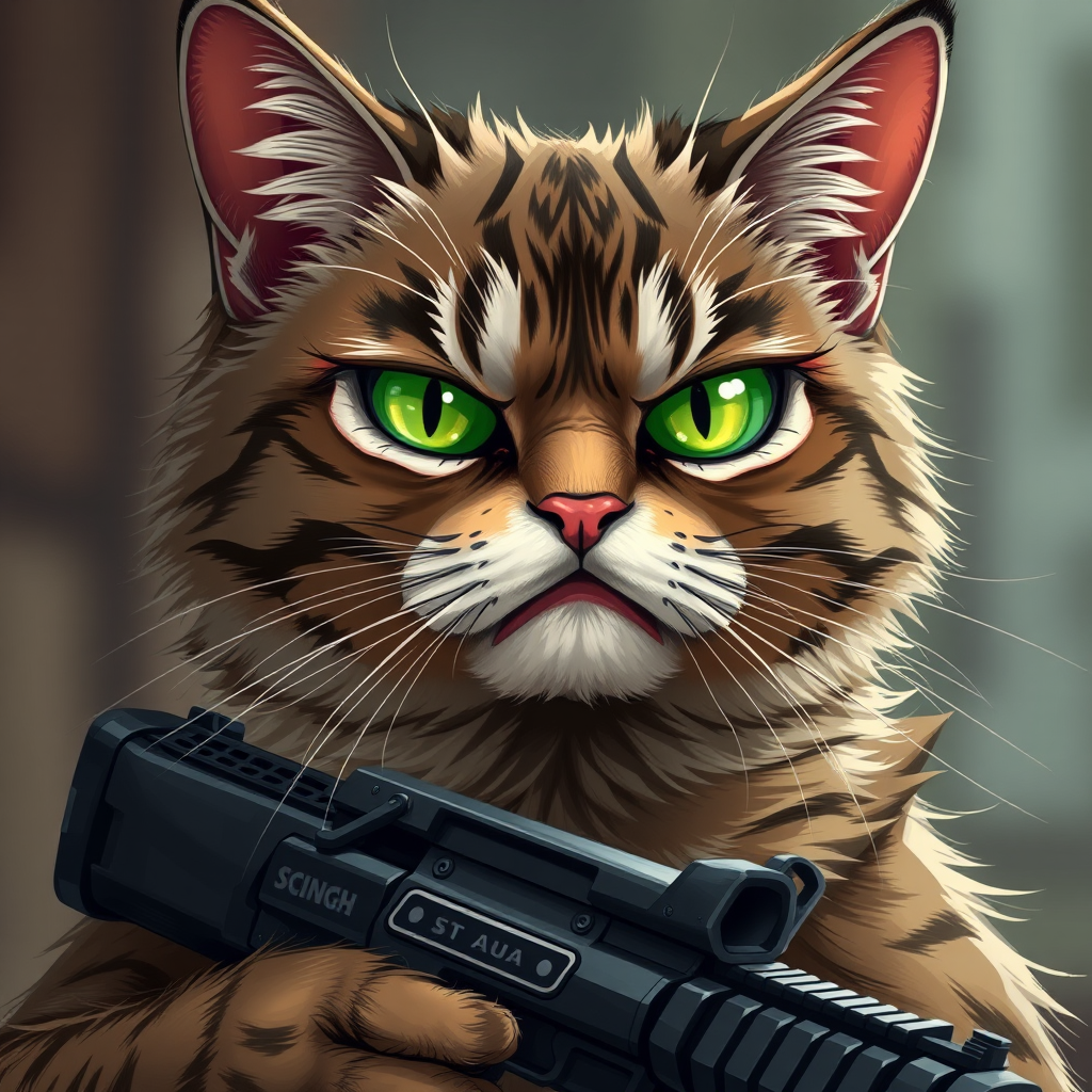 Generate a highly detailed illustration of a grumpy, disheveled cat with vibrant green eyes, equipped with a small gun, captured in a close-up view using a DSLR camera at f/2.8, ISO 200, with a soft-focus background for depth, emphasizing the textures of the fur and the intricate facial expression, in a highly stylized digital art style.