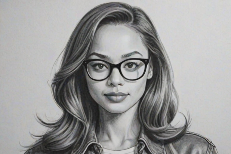 Lovely Amber Stevens West, pencil sketch, portrait of Charming woman 1955s in glasses, hair style beatnik, outline, clear lines, fine lines, 8k