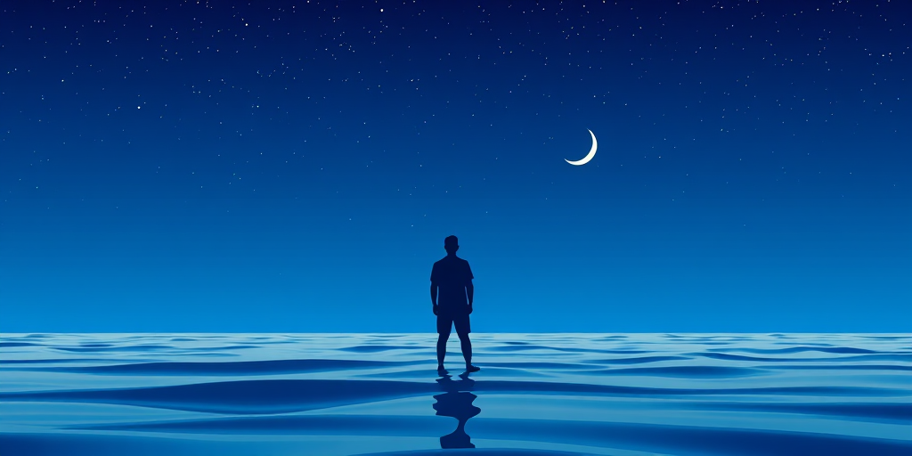 Create a digital illustration of a silhouette of a person standing in the ocean at night, surrounded by calm waves under a bright blue sky filled with stars, featuring a small crescent moon in the distance, with a focus on vibrant colors and smooth gradients, using a Canon EOS R5, f/9, ISO 100, 24mm lens for sharpness and depth of field.
