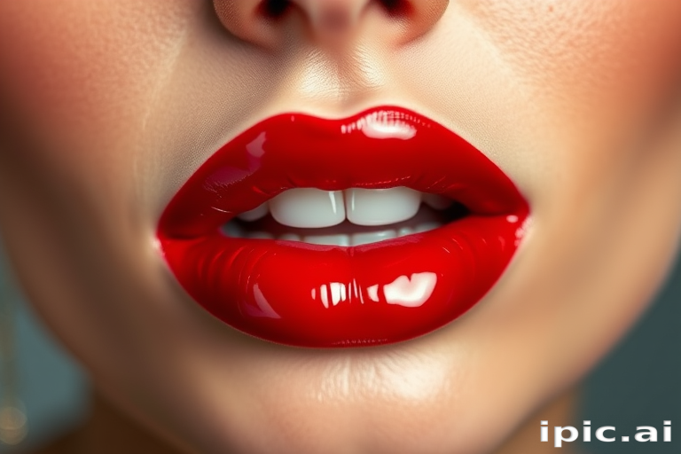 Glossy cherry red lips with a vinyl shine, called "Classic Glamour," feature a bold, timeless color and ultra-reflective surface for a statement look