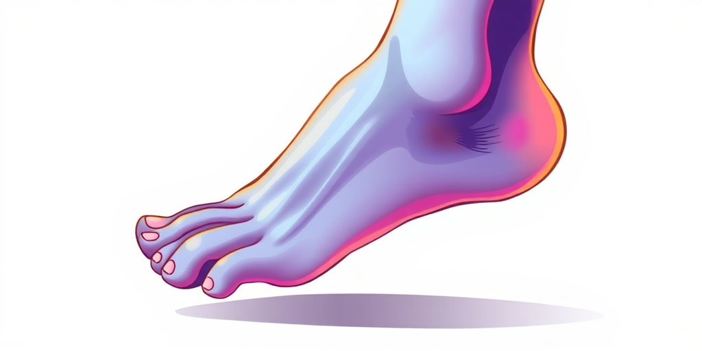 Create a high-resolution illustration of a human foot in profile view, focusing on the details of each toe and the foot arch, using a digital drawing style with smooth gradients and vibrant colors, simulate a soft light effect, and ensure a clean, minimal background for emphasis.