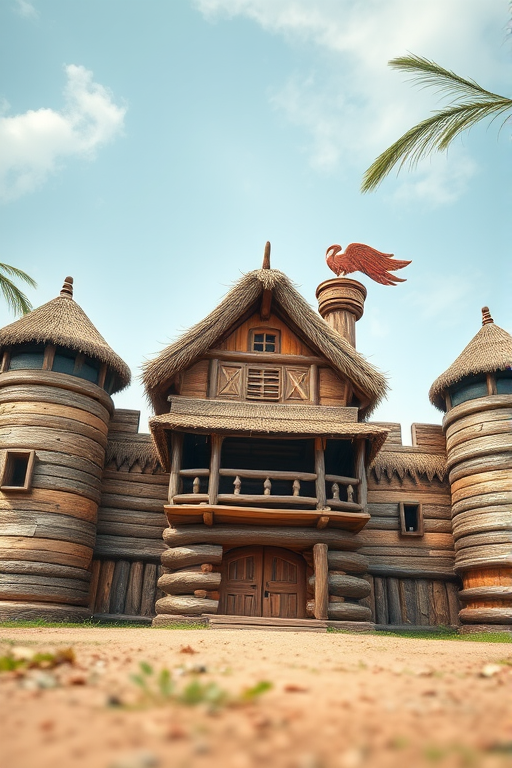 Create a high-resolution image of a stylized wooden fort with a thatched roof, viewed from a low angle to emphasize its height, using a DSLR camera with a wide aperture of f/2.8, a focal length of 24mm, and a shutter speed of 1/200s to capture vibrant colors and details in the structure.