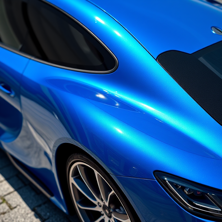 Create a hyper-realistic image of a blue sports car with a sleek design and shiny finishes, depicting it in a dynamic angle, captured with a DSLR camera at 50mm focal length, f/1.8 aperture, ISO 100, in bright daylight, emphasizing details and reflections.