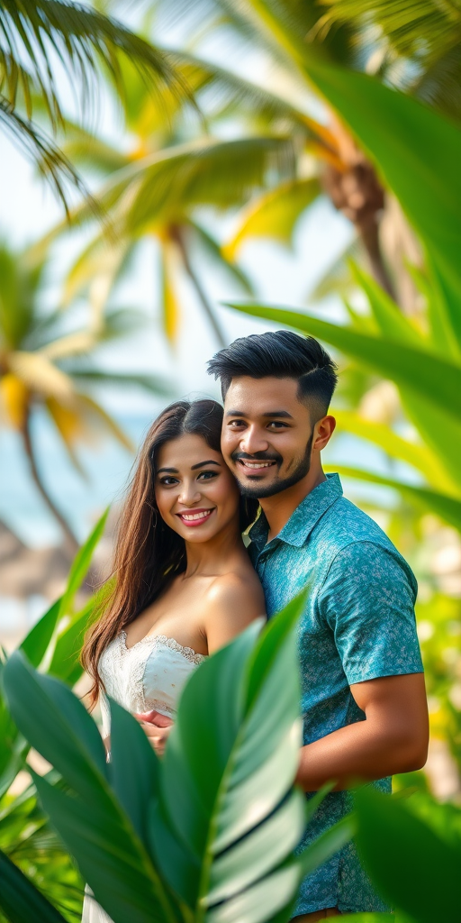 Create a vibrant tropical scene featuring a couple with lush greenery and a beach background, portrait orientation, capture natural lighting, use a Canon EOS R5, 50mm lens, aperture f/1.8, ISO 100, and soft focus for a dreamy effect.