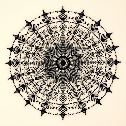 Dotwork mandala tattoo called "Cosmic Symmetry" featuring intricate patterns radiating from a central point with gradual shading created by thousands of precisely placed dots forming a mesmerizing circular design
