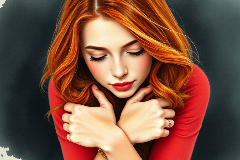watercolor of A young woman with long wavy red hair rests her head on the closed hands. Wear a red top and a delicate bracelet on the left wrist. Her expression is soft and contemplative, with natural makeup and subtle pink lipstick. The background is dark and blurred, with focus on the face and hands.