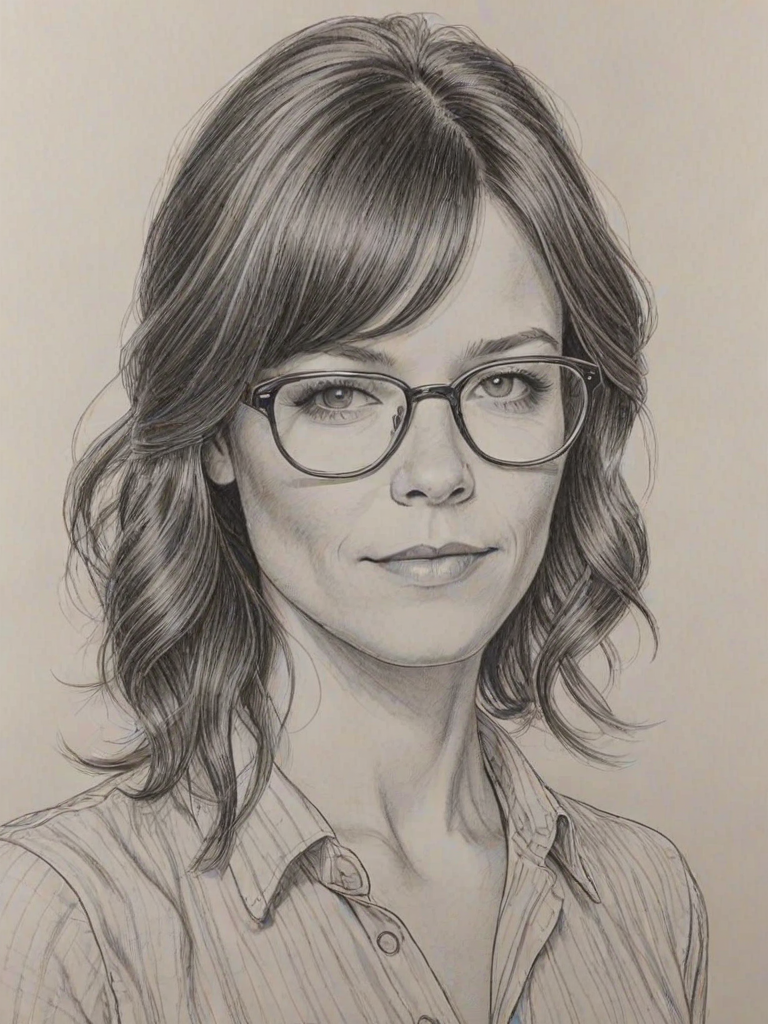 Radiant Katie Aselton, pencil sketch, portrait of Sublime woman 1977s in glasses, hair style beatnik, outline, clear lines, fine lines, 8k