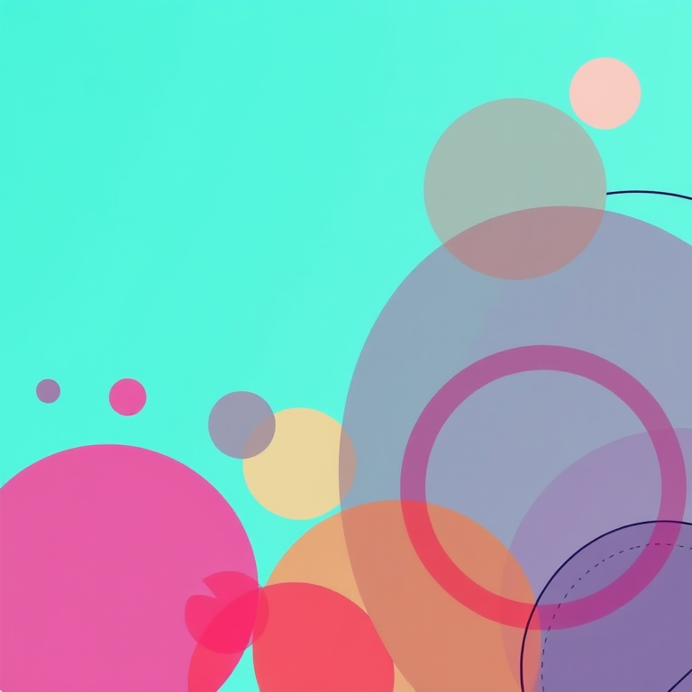 Create a vibrant abstract design with a smooth turquoise background featuring overlapping circles and geometric shapes in various transparencies and line thicknesses, shot with a DSLR camera, f/4 aperture, ISO 200, 24mm lens, in a high-resolution landscape format for enhanced clarity.