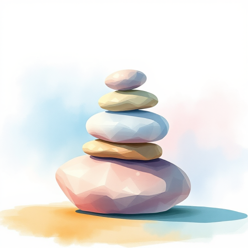 Create a serene illustration of three stacked stones in soft pastel colors with a gentle watercolor background, captured with a Canon EOS 5D Mark IV at f/8, ISO 200, 50mm lens, in natural light for enhanced clarity and depth.