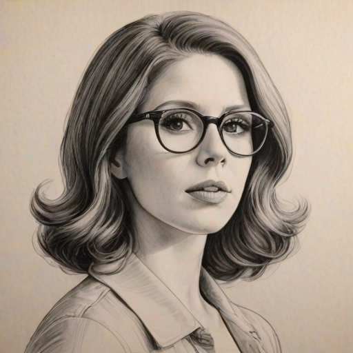 Elegant Vanessa Bayer, pencil sketch, portrait of Stunning woman 1967s in glasses, hair style beatnik, outline, clear lines, fine lines, 8k